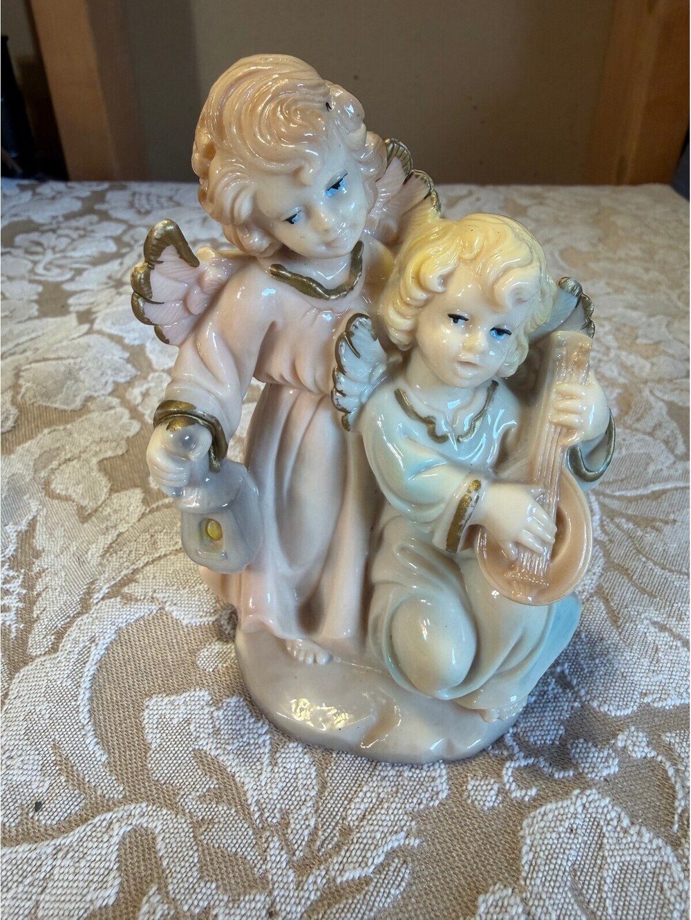 FIGURINE Vintage Porcelain Angel Figurine with Guitar and Lantern